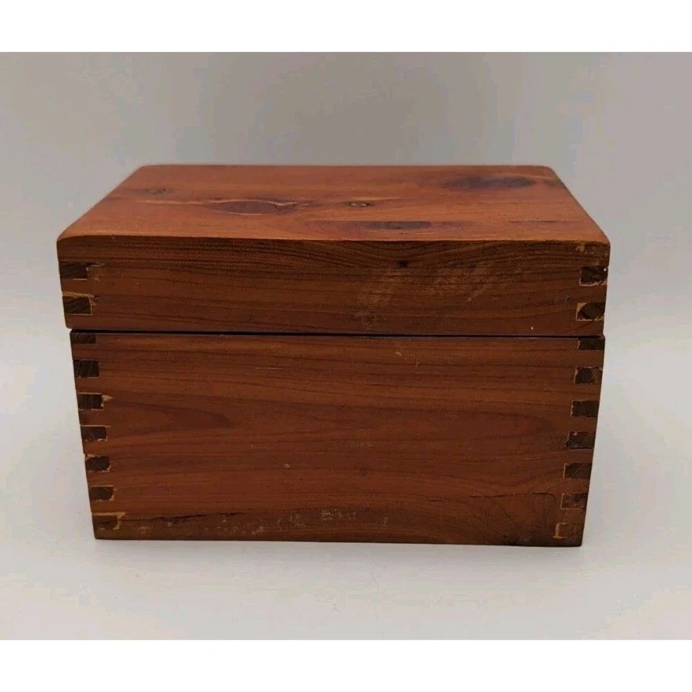 Vintage Cedar Wooden Hinged Recipe Index File Trinket Box